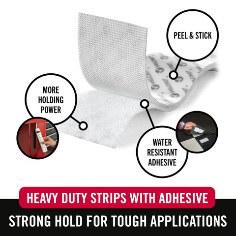 Heavy Duty Hook And Loop Tape Tough As Nails Solid Grip Hold Fast On Surfaces Zero Drill Hassle Easy Hang Design For Walls Painted Drywall Plastic Metal White Four By Two Inch Multi Pack with peel and stick features.