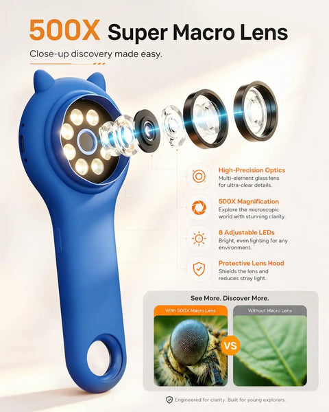 Go-To Pocket Sized Explorer 500X Handheld Digital Microscope For Kids With 2 Inch IPS Screen Portable STEM Toy For Travel Camping And School Projects Ages 5-12 Dark Blue, blue handheld macro lens