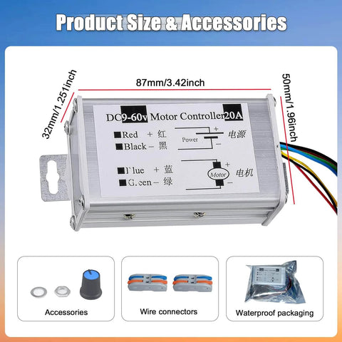 Dimensions and accessories of DC Motor Speed Controller With Pulse Width Modulation PWM For 12V 24V 36V 48V 60V Systems
