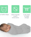 Newborn Compression Swaddle Pod With Two Way Zipper For Easy Diaper Changes Calms Startle Reflex And Improves Sleep shown in use