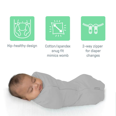 Newborn Compression Swaddle Pod With Two Way Zipper For Easy Diaper Changes Calms Startle Reflex And Improves Sleep shown in use
