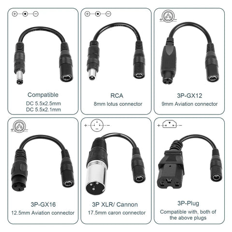 Six connector heads for 42V 2A Electric Scooter Charger Universal Replacement With 7 Plugs, including RCA and XLR types.