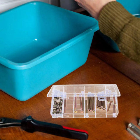 49Pc M6 Hex Socket Head Cap Screws And Barrel Nut Set, 40-80mm lengths, in a transparent portable organizer box on a wooden table