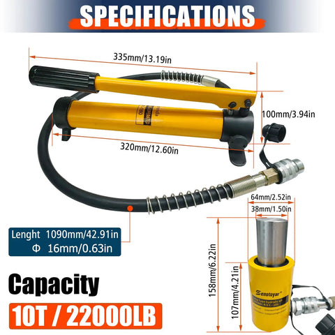 10 Ton Heavy Duty Hydraulic Cylinder Jack Kit With CP-180 Manual Hand Pump And 2 Inch Stroke dimensions and specifications image
