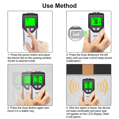 Using 5 In 1 Stud Finder Wall Scanner With Smart Chip And HD LCD Display on wall with LCD showing detected stud edges