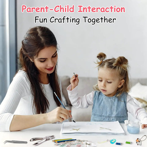 Mother and child crafting with Shrink Dink Keychain Kit With 242 Pieces Including Plastic Sheets And 20 Shrink Paper Sheets Tools.