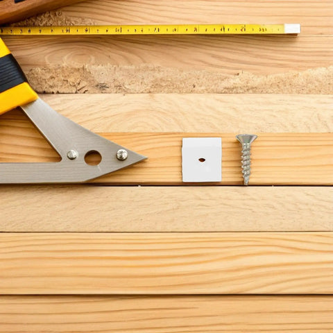 50 Piece Metal And Plastic 45 Degree Triangle Shelf Brackets next to a screw and ruler on wood surface