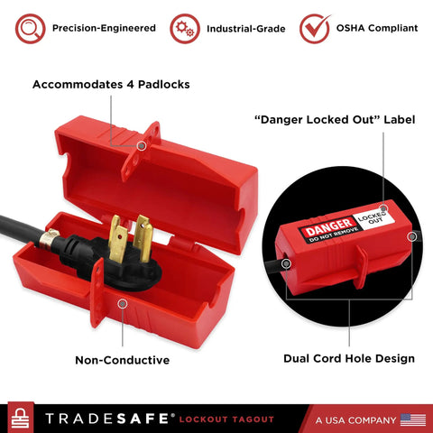 Heavy Duty 220 Volt Cord Lockout For Two Plugs Large Electrical Plug Lockout Device Industrial Grade Non Conductive Polypropylene OSHA Compliant Red Lockout Tool For Energy Isolation