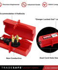 Two Pack 220 Volt Plug Lockout Device Set For Lock Out Tag Out Large Power Cord Locks Fits Plugs Up To Three Inch Diameter Locks Out Up To Two Plugs At Once Durable Electrical Safety Lockout Gear For Worksite, showing open red lockout device with cord.