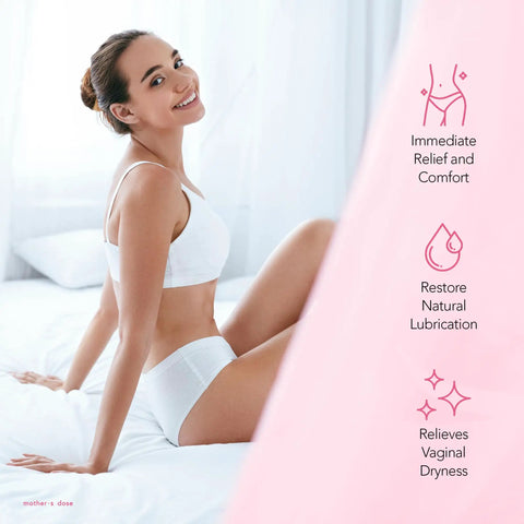 Woman sitting, highlighting benefits of Hyaluronic Acid Vaginal Suppositories for Dryness, Hormone Free Moisturizer, FDA Cleared Medical Device