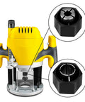 2 Pack Router Collet Kit 1/4 Inch And 1/2 Inch Replacement Set For Dewalt routers, black steel collets next to a yellow power tool