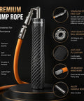 Weighted Jump Rope for HIIT and MMA Training with carbon fiber handle, features and components in focus, including stainless steel fast clip.