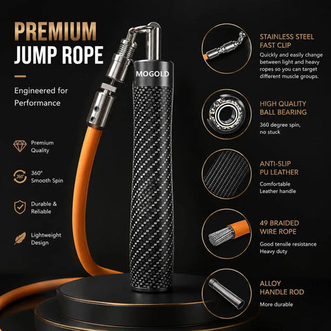 Weighted Jump Rope for HIIT and MMA Training with carbon fiber handle, features and components in focus, including stainless steel fast clip.