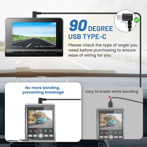 Dashboard view showing USB C Dash Cam Power Cable 13Ft 4M with 90 Degree USB A 2.0 to Type C, highlights anti-bending feature.