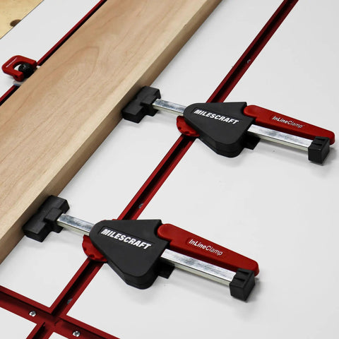 Inline Clamps T Track Clamp Two Pack With Cam Stops For Woodworking, Low Profile Under 19mm clamping a wooden board
