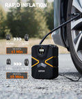 Portable 12V Digital Tire Inflator With Auto Shutoff alongside a car tire, real-time pressure display showing 36 PSI