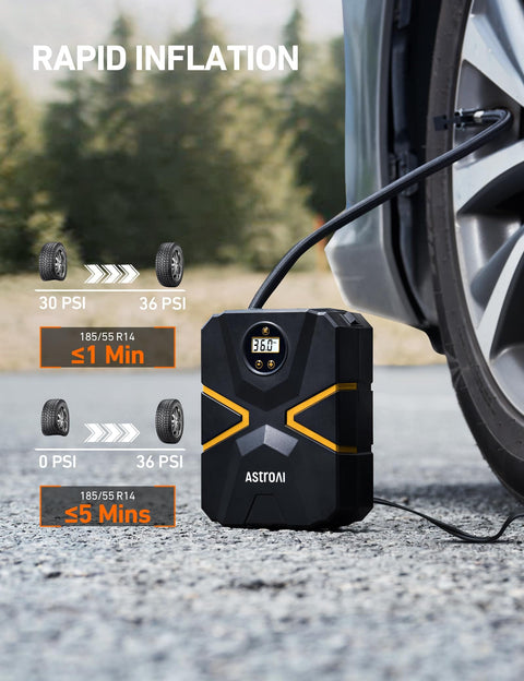 Portable 12V Digital Tire Inflator With Auto Shutoff alongside a car tire, real-time pressure display showing 36 PSI