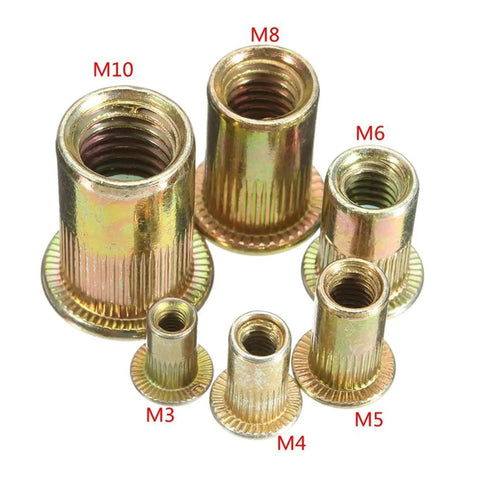 Sturdy Flat Head Threaded Insert Rivet Nuts Made From Zinc Plated Carbon Steel For Tough Metalworking Jobs With Knurled Body To Stop Spinning And Nail Strong Hold Power On Any Project You Gotta Fix Fast, showcasing various sizes.