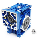 NMRV030 40 To 1 Worm Gear Reducer Square Output 14mm Shaft For Nema23 Stepper Motor, close-up on blue housing and flange
