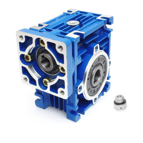 NMRV030 40 To 1 Worm Gear Reducer Square Output 14mm Shaft For Nema23 Stepper Motor, close-up on blue housing and flange