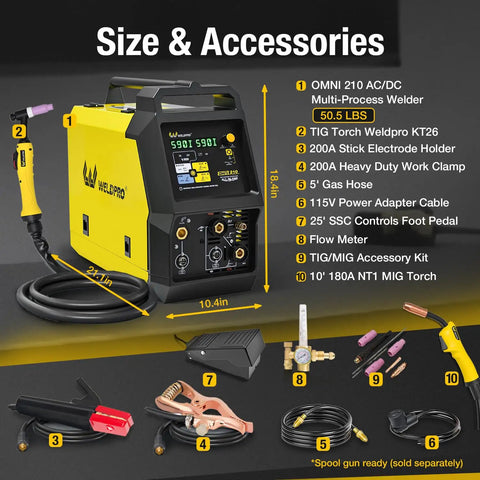 Omni210 All In One 200A 6 In 1 Multi-Process Welder Built For Home Shop Use With Dual Voltage 110V 220V shown with accessories