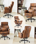 100-130 Degree Reclining Tall Office Chair With Foot Rest And Adjustable Armrests in vintage microfiber shown in multiple angles.