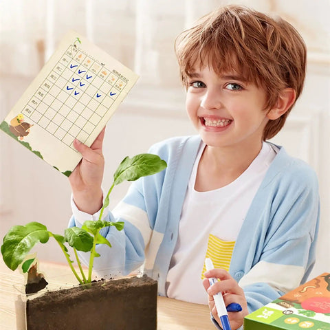 Kid Friendly Plant Growth Kit With Transparent Window For Window Garden See Roots Grow Vegetable Plant Observation Box Educational Science Toy For Homeschool And Classrooms Ages 6 And Up, child holding journal