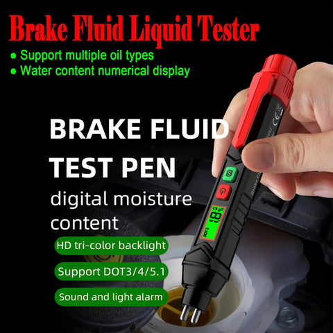 DIY Friendly Brake Fluid Moisture Tester Pen For DOT3 DOT4 DOT5.1, Must Have Garage Grade Vehicle Diagnostic Tool, Hydraulic Fluid Reader, Oil Moisture Meter For Quick, Accurate Brake Fluid Status. Handheld digital pen with display, clip, and probe testing brake fluid