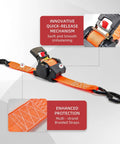 Kickass Grip Retractable Tie Down Straps With Smooth Butter Rewind For Zero Slap Back Mess One Inch By Ten Foot haul ready cargo belts with quick-release mechanism.
