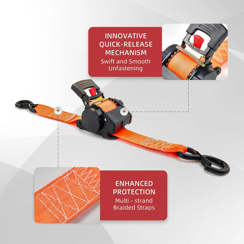 Kickass Grip Retractable Tie Down Straps With Smooth Butter Rewind For Zero Slap Back Mess One Inch By Ten Foot haul ready cargo belts with quick-release mechanism.