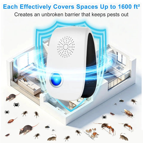 Eight Pack Ultrasonic Pest Repeller for Indoor Use with 3D Dual Speakers in living room model demonstrating pest barrier.