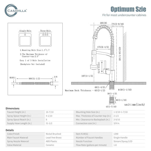 Technical specifications of Black Kitchen Faucet With Soap Dispenser And LED Temperature Indicator Pull Down Sprayer Single Handle Stainless Steel RV Camper Farmhouse Sink Faucet, showing dimensions and installation details.