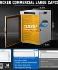 Heavy Duty 14 Tray Food Dehydrator Engineered From Commercial Grade Stainless Steel To Quick Dry Beef Jerky And Fresh Fruit Snacks Using Balanced Airflow Technology, showing front view and display.