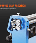 Heavy Duty Slip Roll Machine With 24 Inch Forming Width And 16 Gauge Capacity, close-up of gears and detachable rollers for precision.