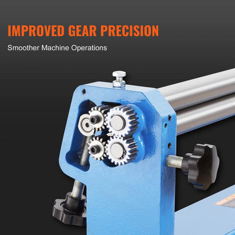 Heavy Duty Slip Roll Machine With 24 Inch Forming Width And 16 Gauge Capacity, close-up of gears and detachable rollers for precision.