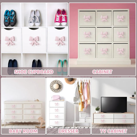 Eight Piece Pink Bow Dresser Knob Set Cast Iron Drawer Pulls For Cabinets And Wardrobes on various furniture in home settings