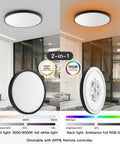 Smart Ceiling Light Fixture Black LED Flush Mount Round Light With Alexa And Google Home Voice Control Fifteen Point Eight Inch Ceiling Mount 28W Front White Plus 4W RGB Backlight Dimmable Color Changing Timer Schedule No Fuss Setup Bedroom Ambience showing front white light and RGB backlight in a bedroom setup
