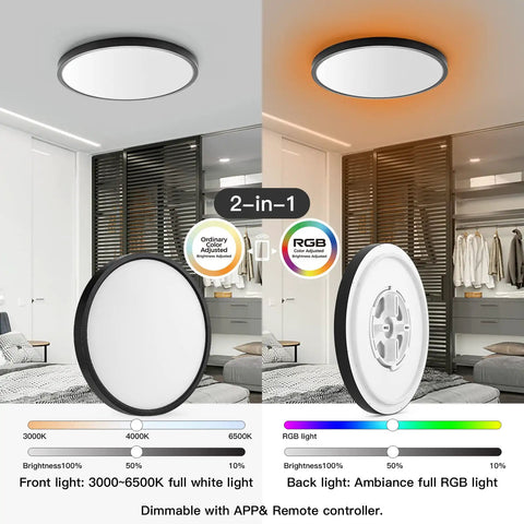 Smart Ceiling Light Fixture Black LED Flush Mount Round Light With Alexa And Google Home Voice Control Fifteen Point Eight Inch Ceiling Mount 28W Front White Plus 4W RGB Backlight Dimmable Color Changing Timer Schedule No Fuss Setup Bedroom Ambience showing front white light and RGB backlight in a bedroom setup