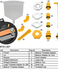 Universal Spill Proof Coolant Fill Funnel Kit With Complete Adapter Set For All Vehicles 15-piece kit showing funnel and adapters.