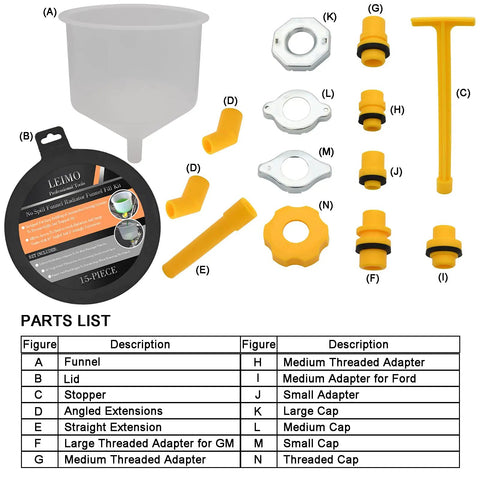 Universal Spill Proof Coolant Fill Funnel Kit With Complete Adapter Set For All Vehicles 15-piece kit showing funnel and adapters.