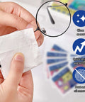 Lens Cleaning Wipes, 300 count, individually wrapped; close-up of hand cleaning eyeglasses with wipe