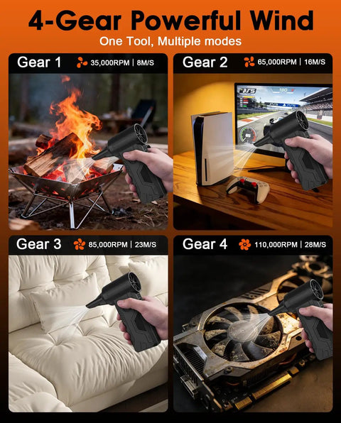 Cordless Turbo Air Duster With 110,000 RPM Brushless Motor, 5200mAh Battery, 15W Fast Charge, Four Speed Settings in use outdoors, gaming area, on sofa, and computer component.