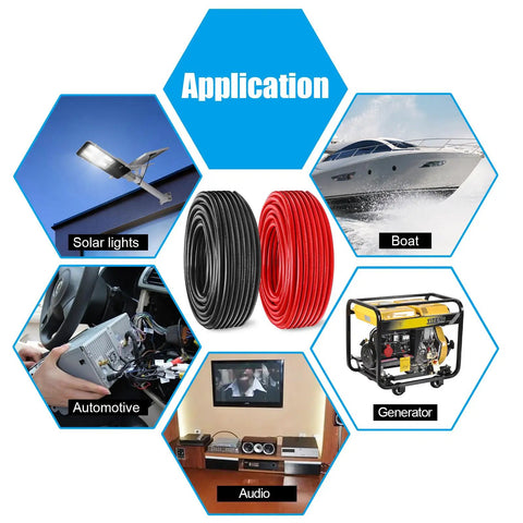 10 Gauge Battery Cable Copper Wire Set Red And Black 20ft Total OFC Welding Cable 10 AWG For Automotive Solar Marine Generator PVC Jacket Built Tough With High Conductivity showing red and black cable rolls for solar, boat, automotive, audio, and generator use