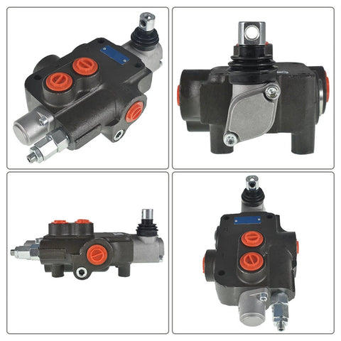 Front view: ALL-CARB hydraulic valve, 1-spool directional control, black body with red port caps
Side view: ALL-CARB hydraulic valve, black housing with red port plugs and metal fittings
Angled rear view: ALL-CARB hydraulic valve, red port plugs and silver connectors on black body
Top view: ALL-CARB hydraulic valve, blue plate label and red caps on black housing