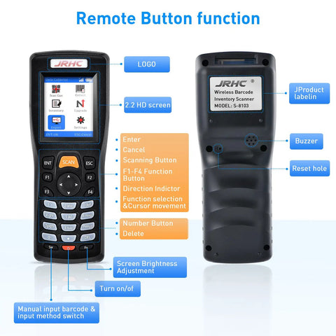 Front and back view of No Frills Wireless Barcode Scanner For Inventory Management, 3 In 1 Portable Data Collector Supports 1D 2D PDF417 Codes, 2.4 GHz Wireless Or USB Wired, Stores 180 Libraries And 400,000 Records, QR Code Reader, Easy Inventory Terminal.