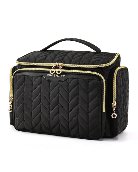 Puffy Nylon Travel Toiletry Bag With Wide Opening For Easy Access, Lightweight 1.1 Lb Makeup Cosmetic Organizer, Black