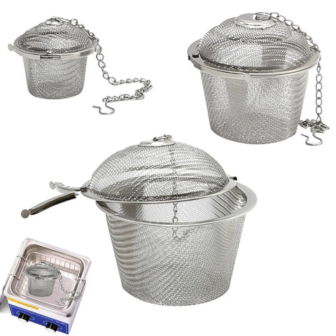 Heavy Duty 304 Stainless Steel Ultrasonic Cleaner Basket Set Slick Three Piece Jewelry And Small Parts Holder Kit with secure hooks.
