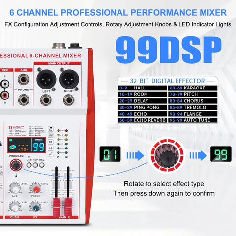 MW6 White 6 Channel Pro DJ Audio Mixer Portable Controller USB DSP With 99 Preset Effects, showing control panel and settings