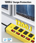 Dope Heavy Duty Surge Protector With Individual Switches And Wide Spaced 6 Outlets 6 Foot Cord 15 Amp Power Strip For Home Office And Gaming Setup Energy Saver By Turning Off Specific Devices, yellow 6-outlet strip