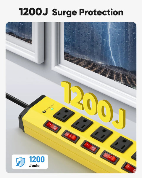 Dope Heavy Duty Surge Protector With Individual Switches And Wide Spaced 6 Outlets 6 Foot Cord 15 Amp Power Strip For Home Office And Gaming Setup Energy Saver By Turning Off Specific Devices, yellow 6-outlet strip